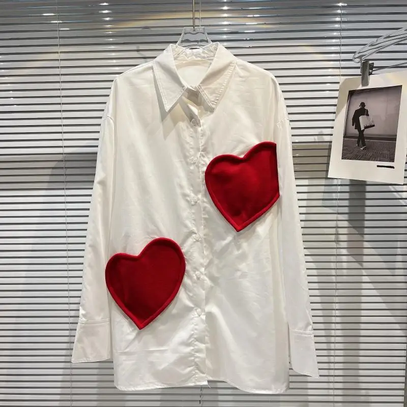 2024 New Spring Autumn Love Patch Loose Long Sleeve Cardigans Top Casual Shirt All-match Mid-long White Blouses Turn-down Collar