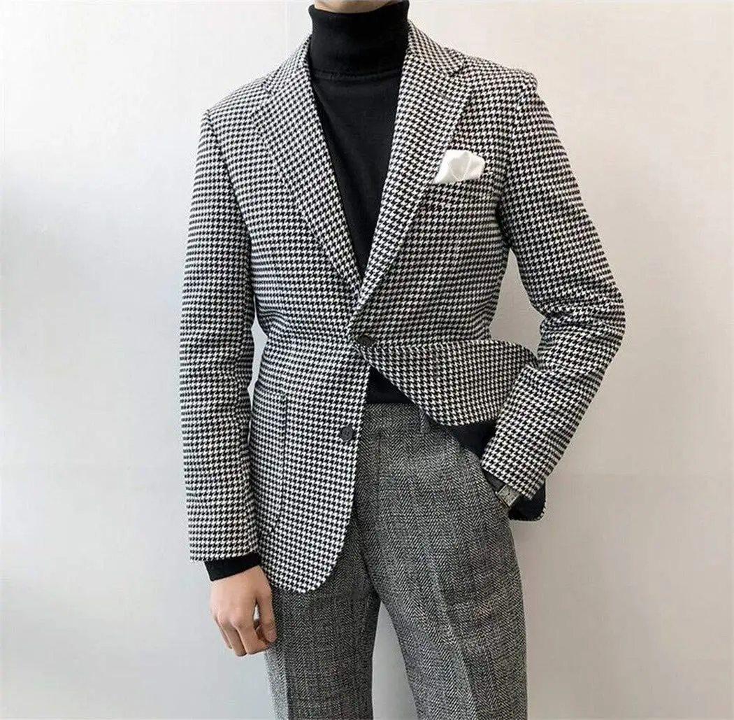 2024 Men\'s Houndstooth Suit One Piece Herringbone Notch Lapel for Party Banquet Tuxedo Blazer Only Costume Homme