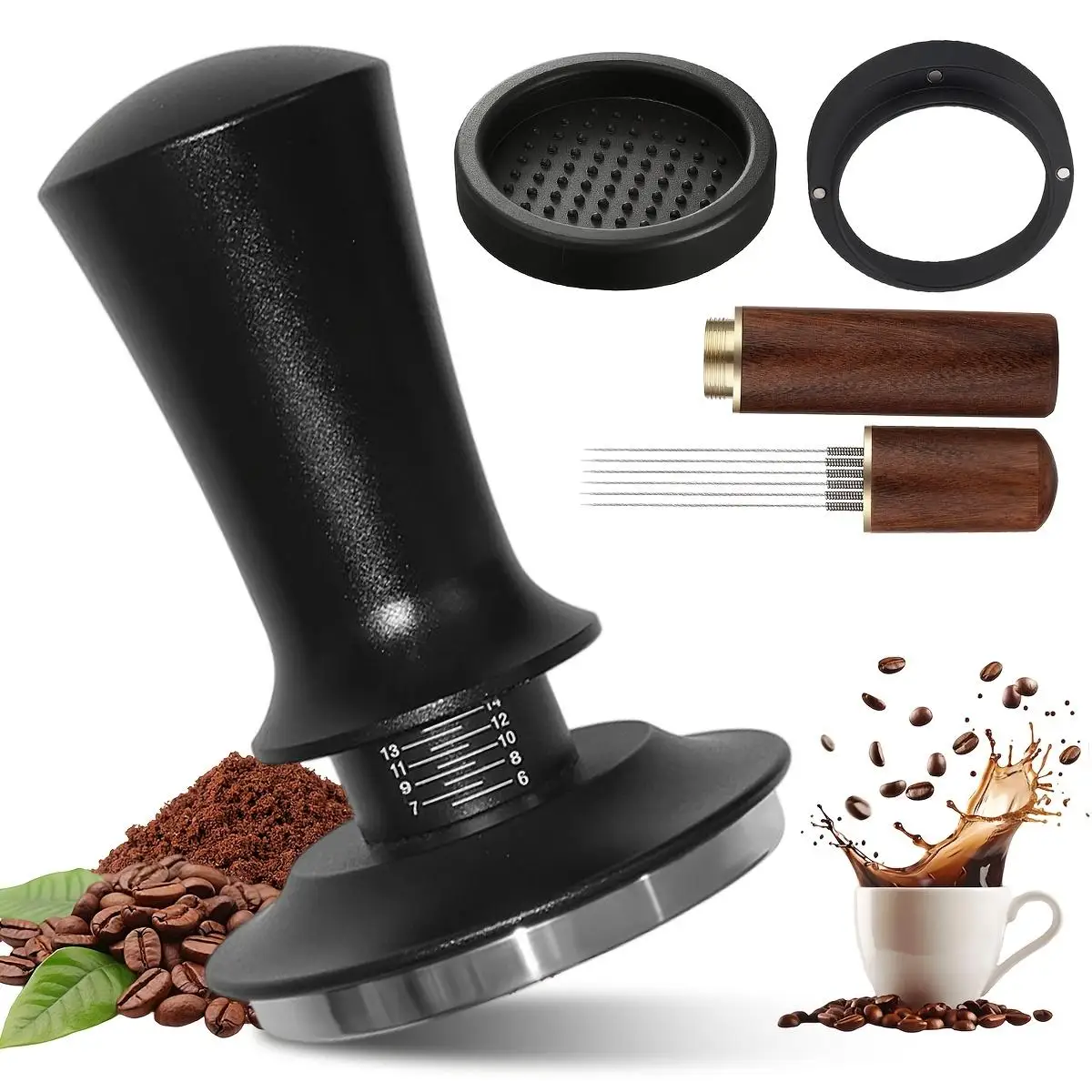 51/53/58mm Espresso Accessories Kit, Spring‑Loaded Calibrated Tamper with WDT Tool, Dosing Funnel & Tamper Mat