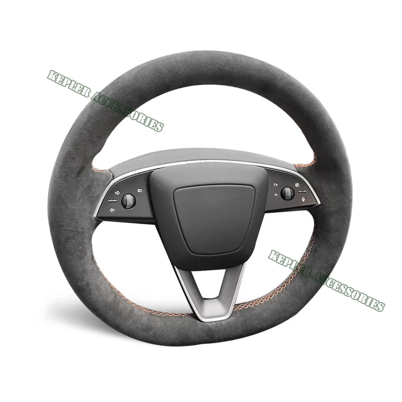 9002 Suede Genuine Leather Orange Thread Steering Wheel Cover Wrap Car Accessoires Specifically For Tesla Model 3 Model Y X