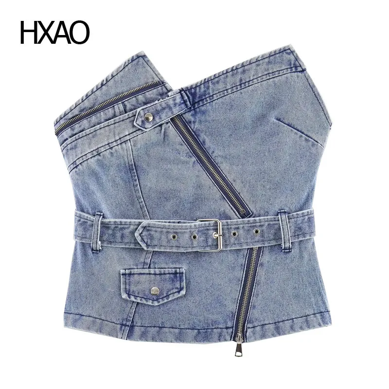 

HXAO Denim Tank Top for Women Strapless Denim Vest With Belt Vintage Blue Sleeveless Cropped Vest Spring Autumn Female Sexy Tops
