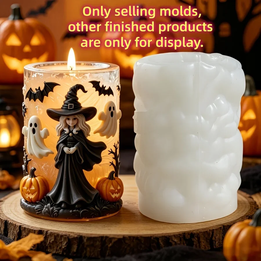 Witch Ghost Relief Cylinder Candle Silicone Mold Pumpkin Halloween Wizard Relief Resin Gypsum Molds Halloween Gift