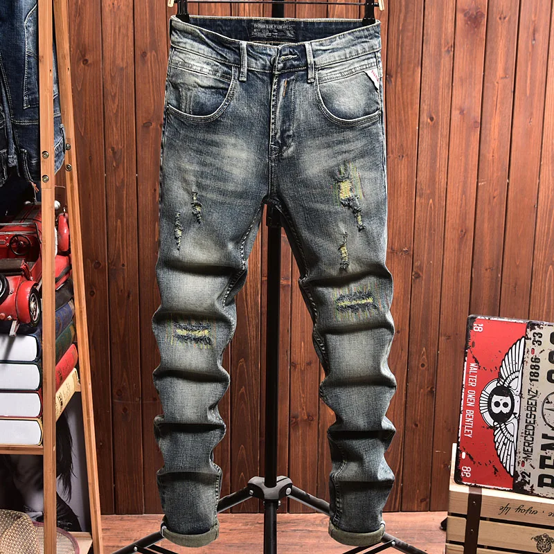 

Уличная мода брендовые рваные джинсы мужские осенние облегающие прямые эластичные ностальгические джинсовые длинные брюки в стиле ретро