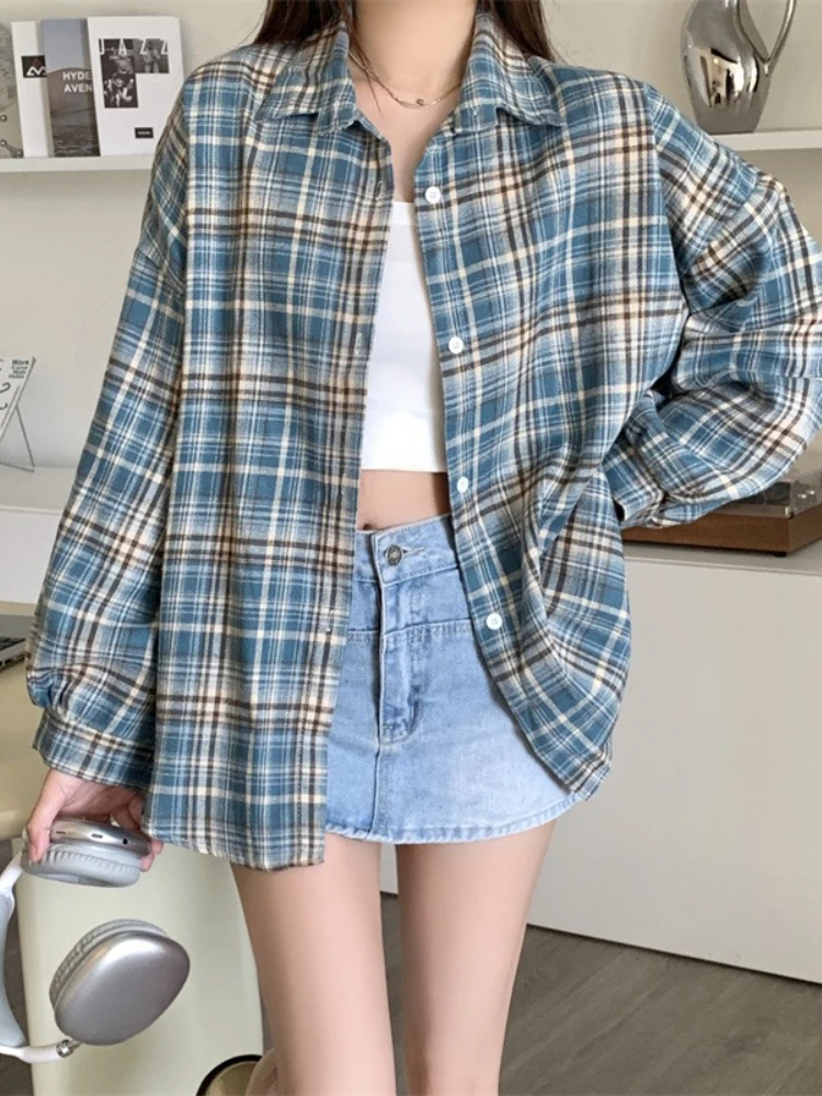 Koszula damska w kratę zapinana na guziki, jesienno-zimowa, z długim rękawem, kołnierzykiem, oversize, kurtka koszulowa, bluzka damska, koszule w kratę, casual