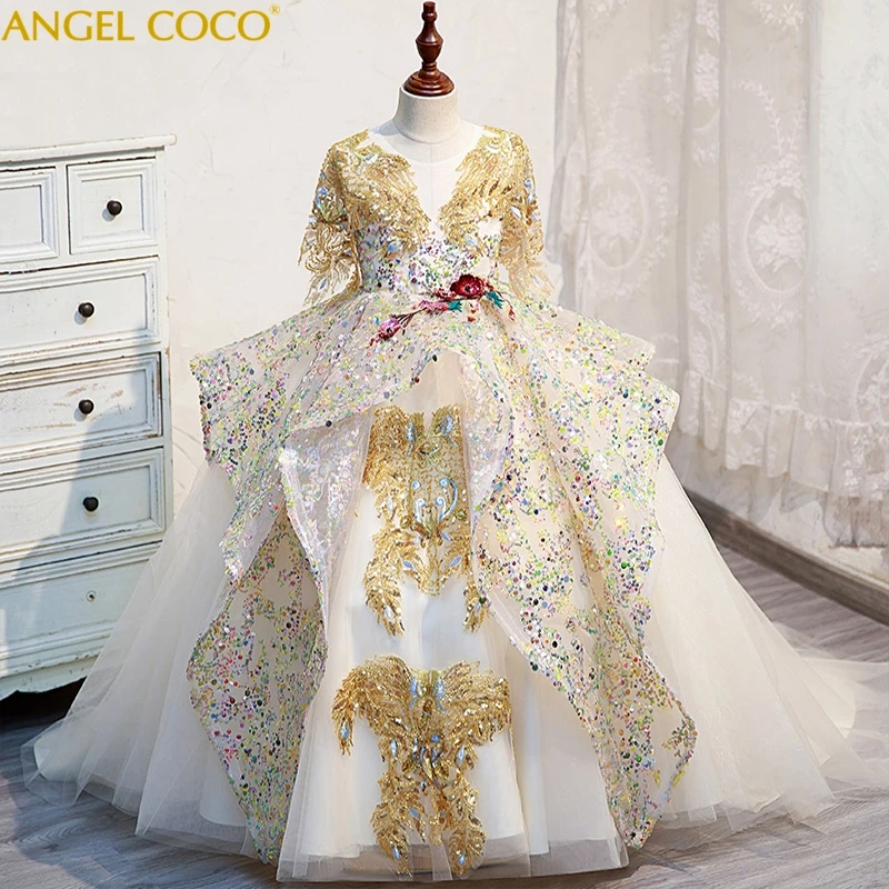 Luxury Pageant Kids Evening Dress For Girls Children Costume Lace Princess Dresses Vestido Flower Girl Wedding Party Prom Gowns