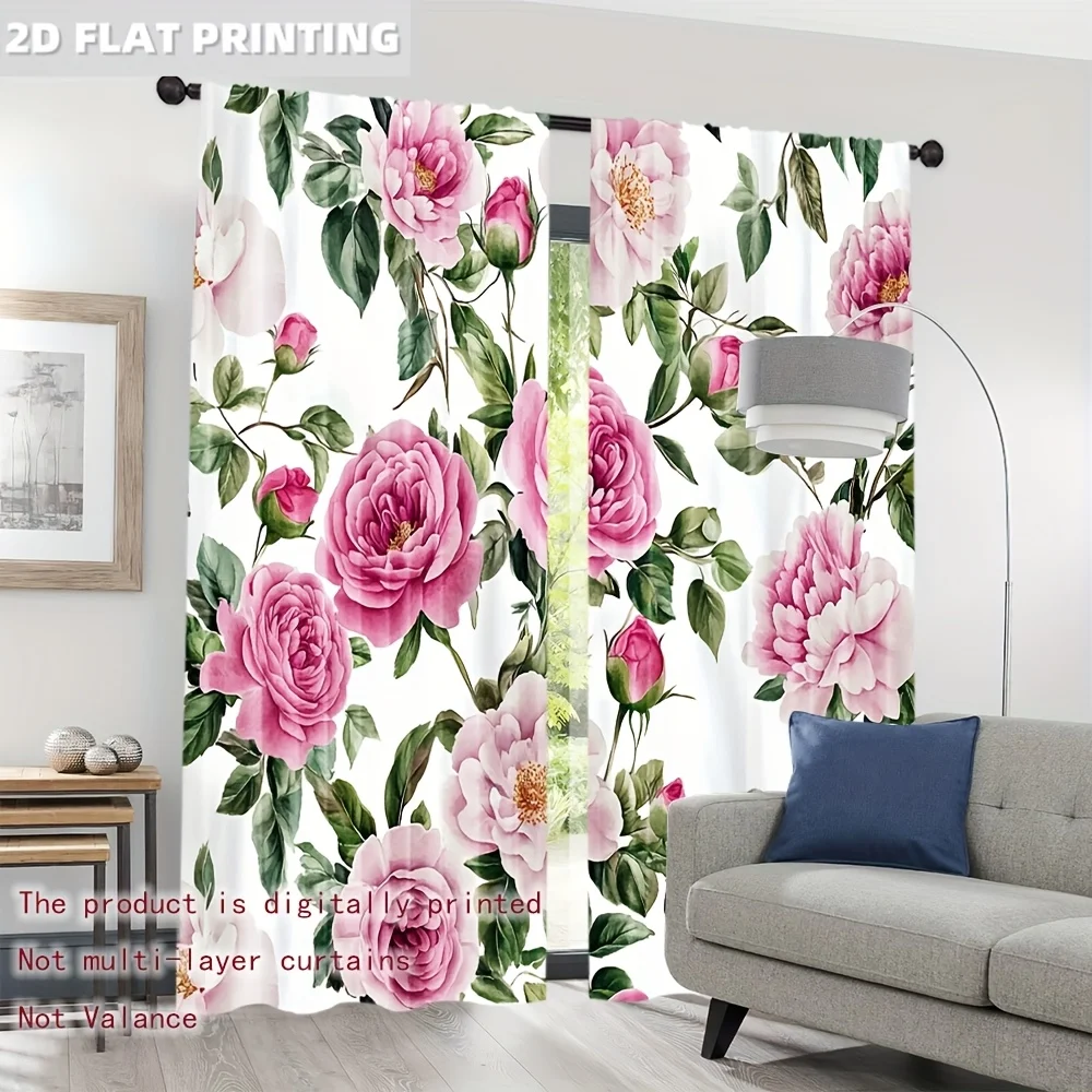 Romantic Pink Peony Floral Blackout Curtain Green Leaves Pattern Drape Girl Room Apartment Soft Sweet Household Window Curtain