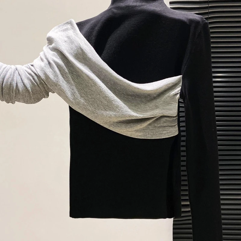 Slim Contrast Patchwork Long Sleeve Fake Two-piece Trend Tops Spring Autumn Youth Fashion T Shirts Korean Elegant Women Clothing