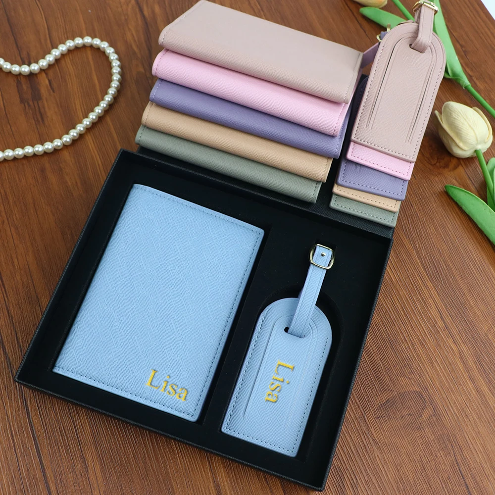 مجموعة اسم مخصصة، حامل جواز سفر من جلد Safiano PU للجنسين وصندوق هدايا لبطاقة الأمتعة #2