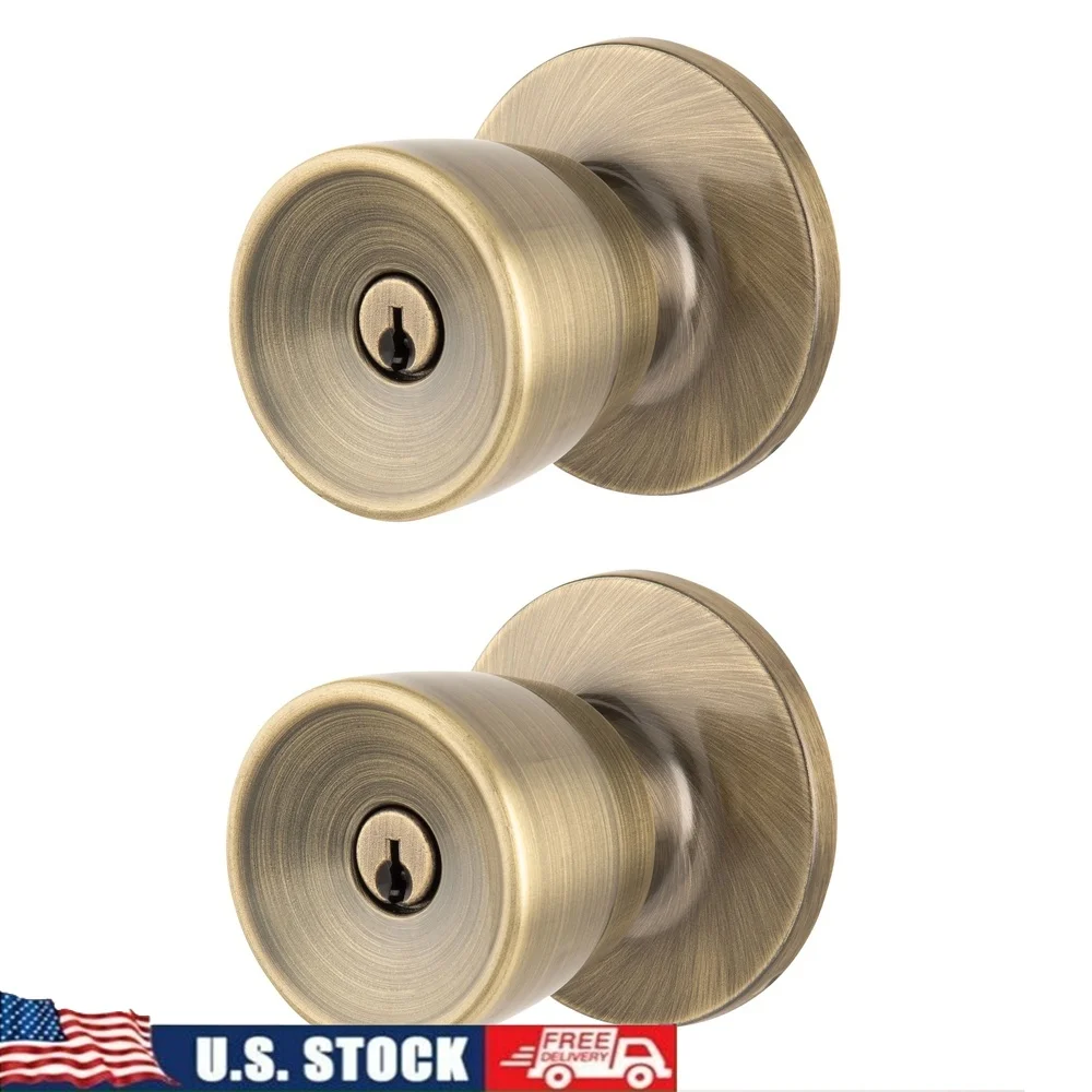 

Keyed Entry Bell Doorknob Twin Pack Antique Brass Adjustable Locking Security Easy Install High Resistance Home Upgrade