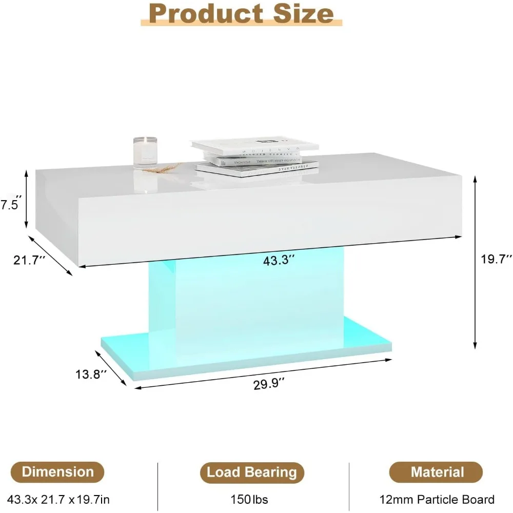 Led Coffee Table for Living Room, Living Room Table Rectangular Center Table, Modern High Glossy Wooden Coffee Tables with 16 Co