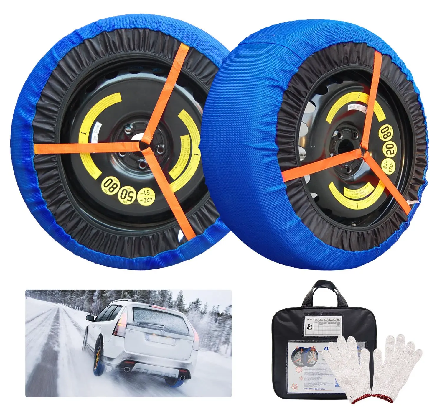 

Blue Tire Traction Socks For Winter Driving – Anti-Slip Snow Cover Set Of Two With Storage Bag And Gloves