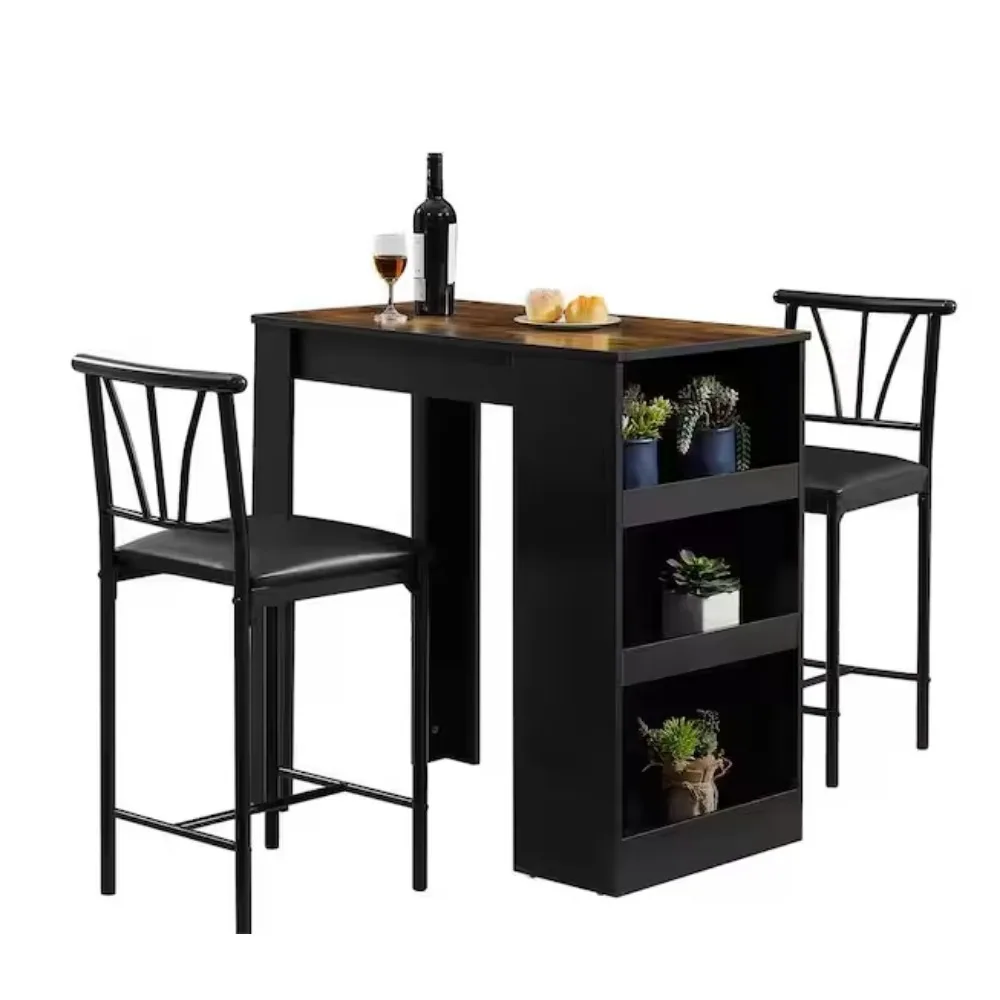 Meja dan Kursi Bar Kecil, Set Makan untuk 2, Rak Penyimpanan, Hemat Ruang, Set Makan Retro, Abu-abu