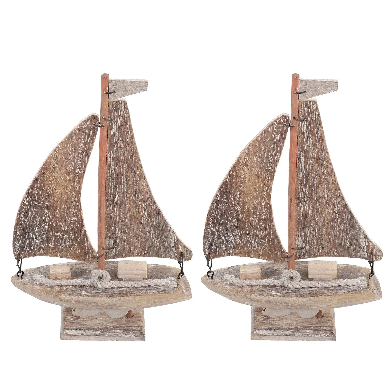 2Pcs Wooden Sailboat Nautical Decor Rustic Mediterranean Boat Decoration Living Room Office Desktop Vintage Sailing