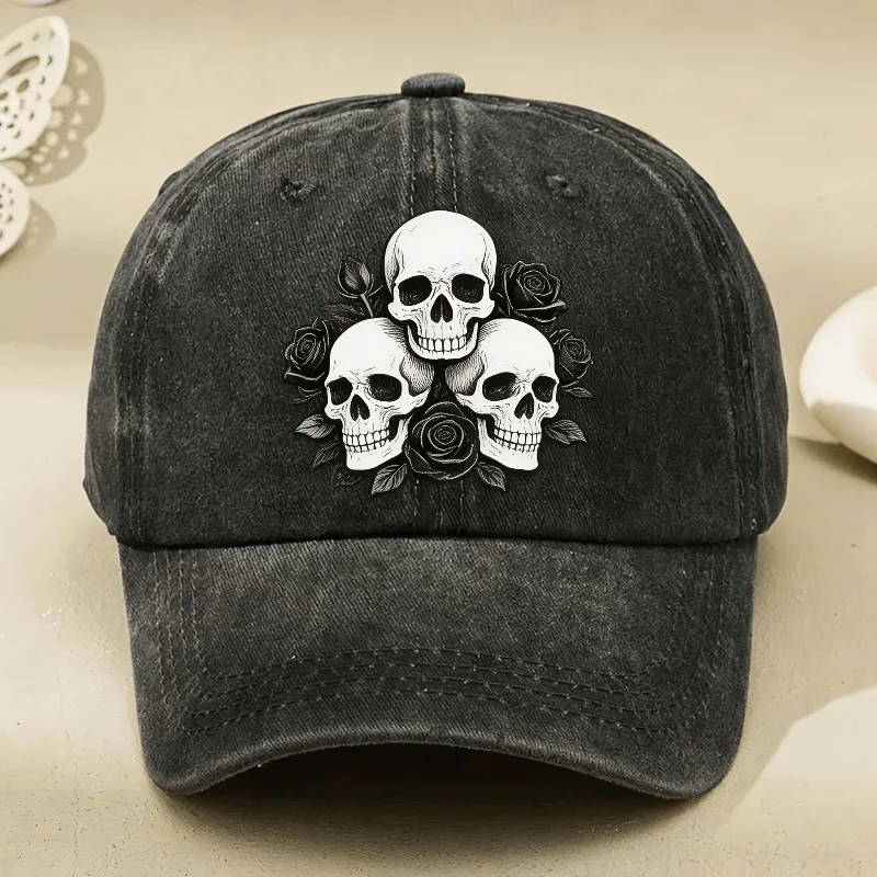 Distressed Washed Baseball Cap Skulls and Roses Print Adjustable Unisex Hat Gothic Retro Streetwear Halloween Outdoor Sun Hat