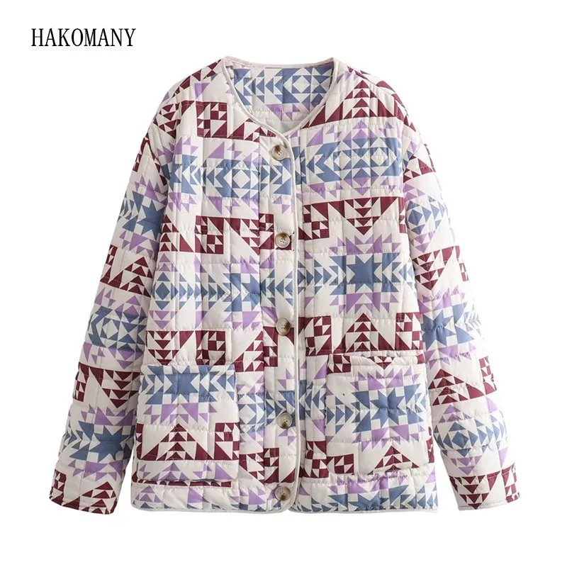 2023  Autumn Winter Collarless Rhombus Flower Print Quilted Coat Ethnic  Women Quilting Full Sleeve Loose Jacket Retro Outerwear