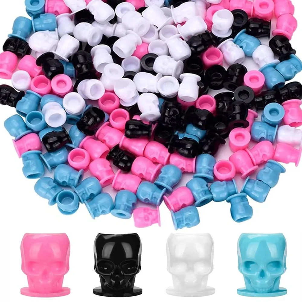 

200/100/50 шт., чашки с чернилами для татуировки с черепом, колпачки, держатель для пигмента для перманентного макияжа, контейнер, одноразовые колпачки для татуировки, аксессуары для татуировок