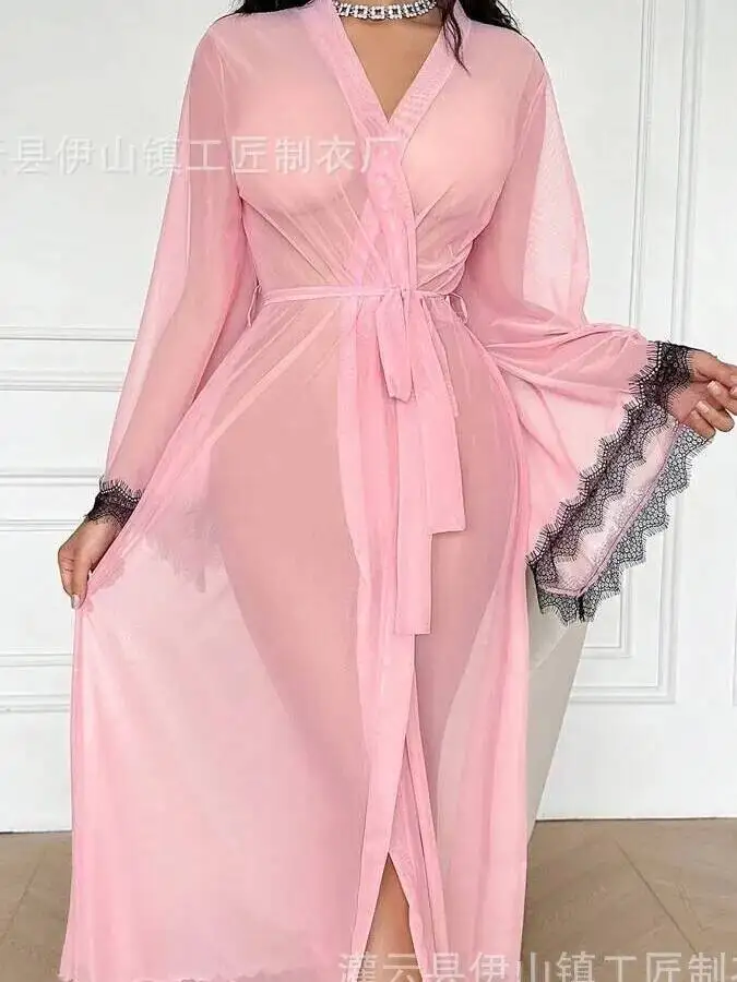 Novo sexy malha camisola vestido transparente sexy renda aparada fina vestido feminino manga comprida com decote em v vestido de cor sólida casaul grjj