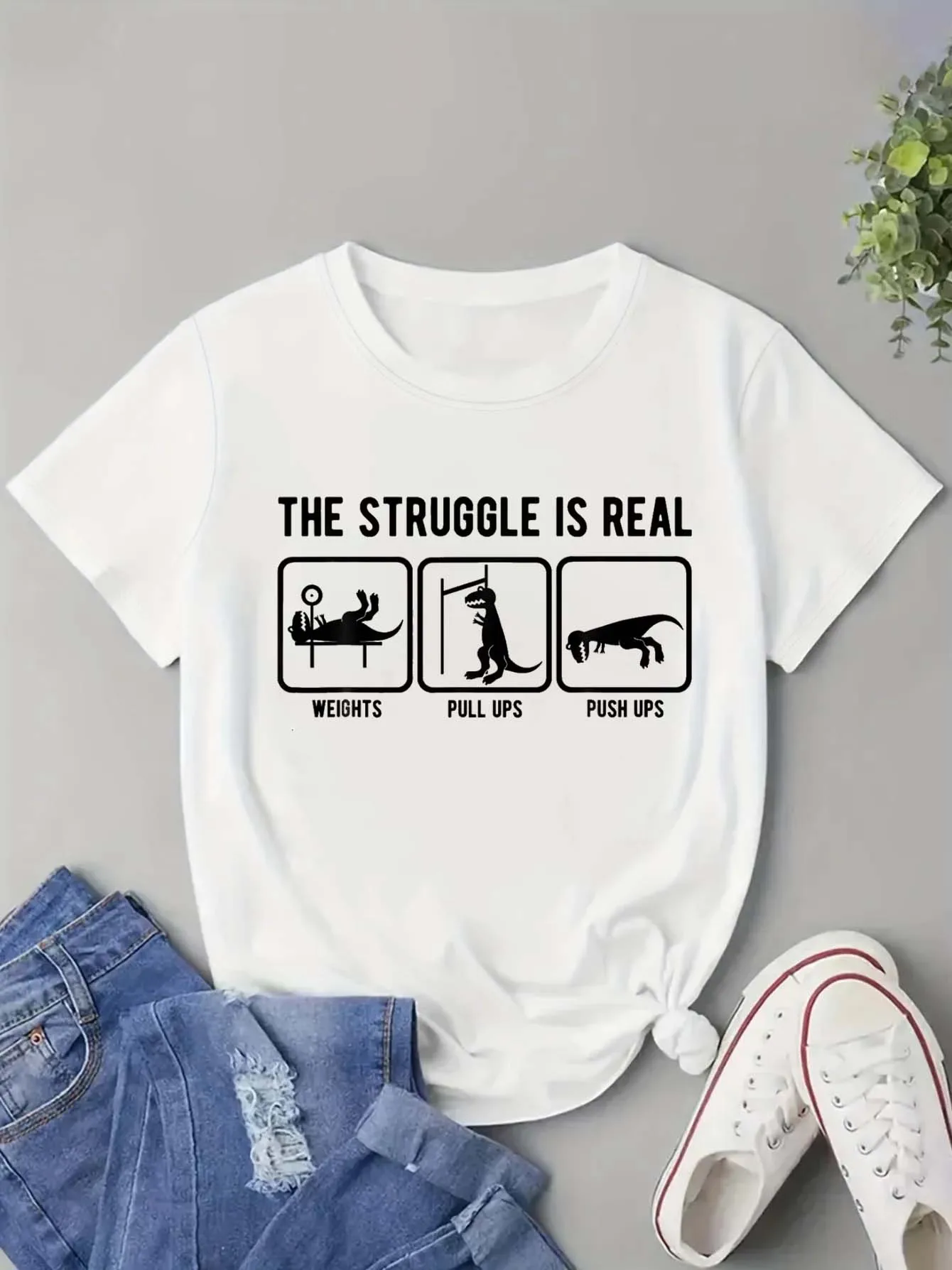 Funny Dinosaur And Letter Print Men's Casual Stretch Short Sleeve Crew Neck T-shirt, Summer Outdoor