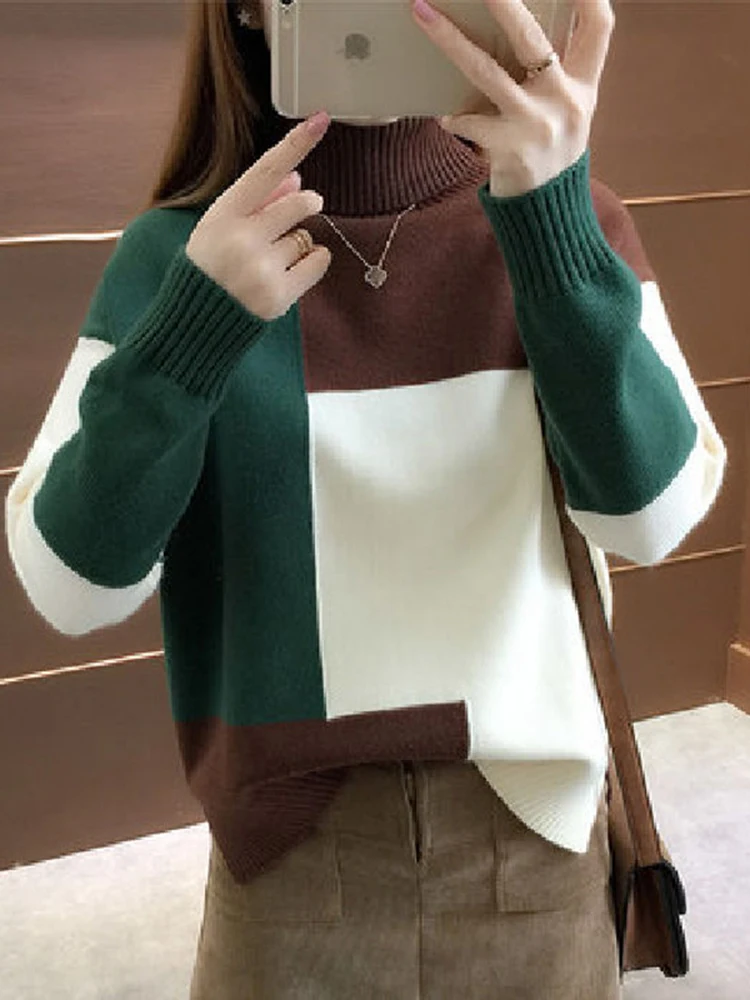 JMPRS Patchwork Women Pullover Sweater Autumn Loose O Neck Long Sleeve Knitted Thick Korean Fashion Female Jumper Sweater Top