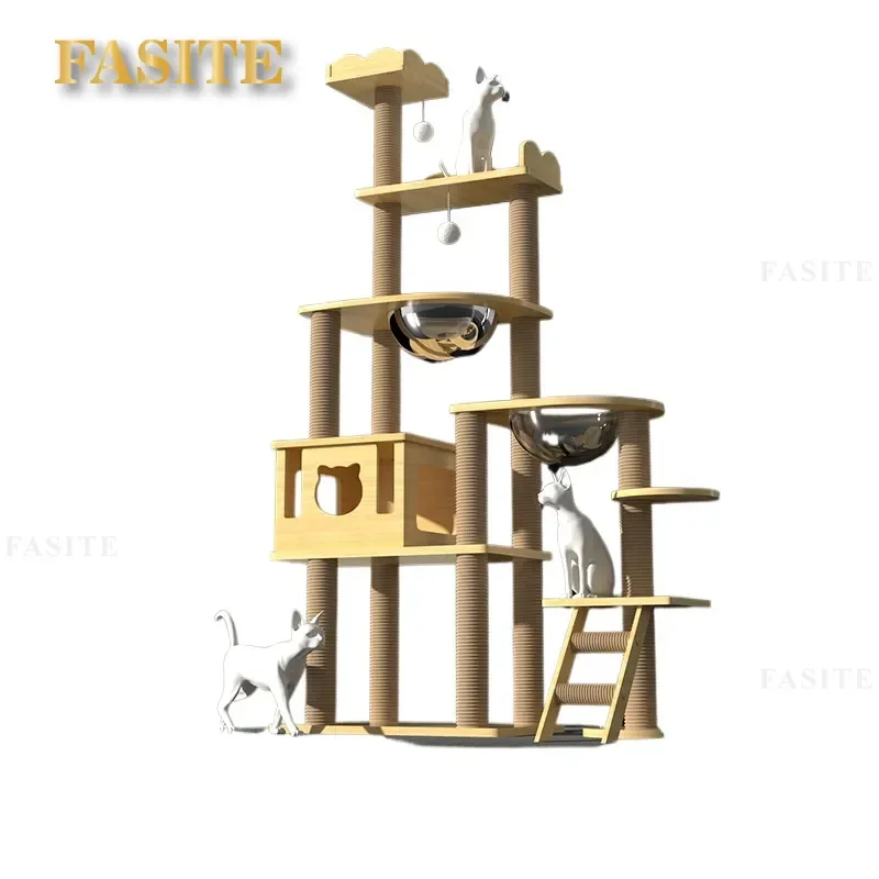 For Cat Climbing Frame Solid Wood Sisal Large Cat Tree Villa with Space Capsule Nest Jumping Platform Integrated Household