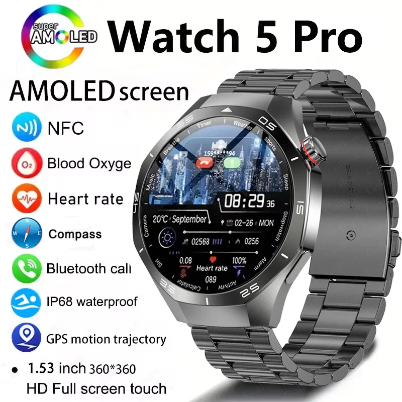 

Смарт-часы GPS Sport Watch 5 Pro для мужчин и женщин с Ultra AMOLED экраном 1.53 дюйма, Bluetooth-вызовами, пульсометром, IP68, Новинка 2026 года