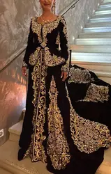 Algerien Albanian Prom Dresses for Women Black Velvet Gold Applique Luxury Arabic Caftan Moroccan Evening Formal Dress Outfit