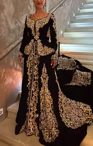 Algerien Albanian Prom Dresses customsized Black Velvet Gold Applique Luxury Arabic Caftan Moroccan Evening Formal Dress Outfit