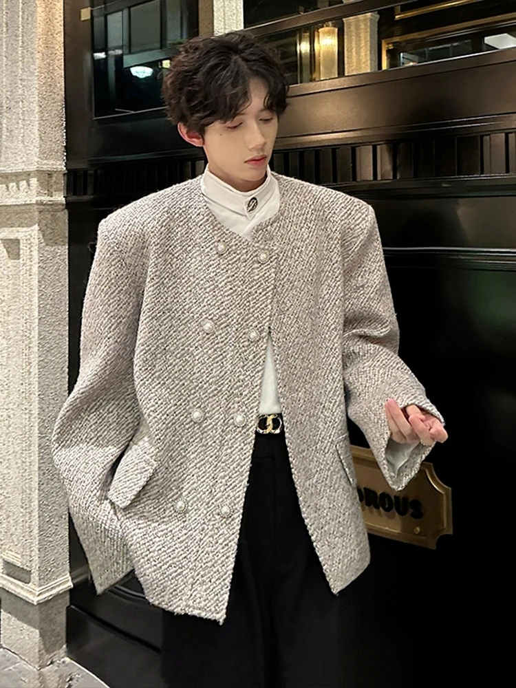 

Men's Collarless Blazer Slim Fit Casual Suit Jacket Spring Autumn British Style Short Coat Male Streetwear Loose Outerwear