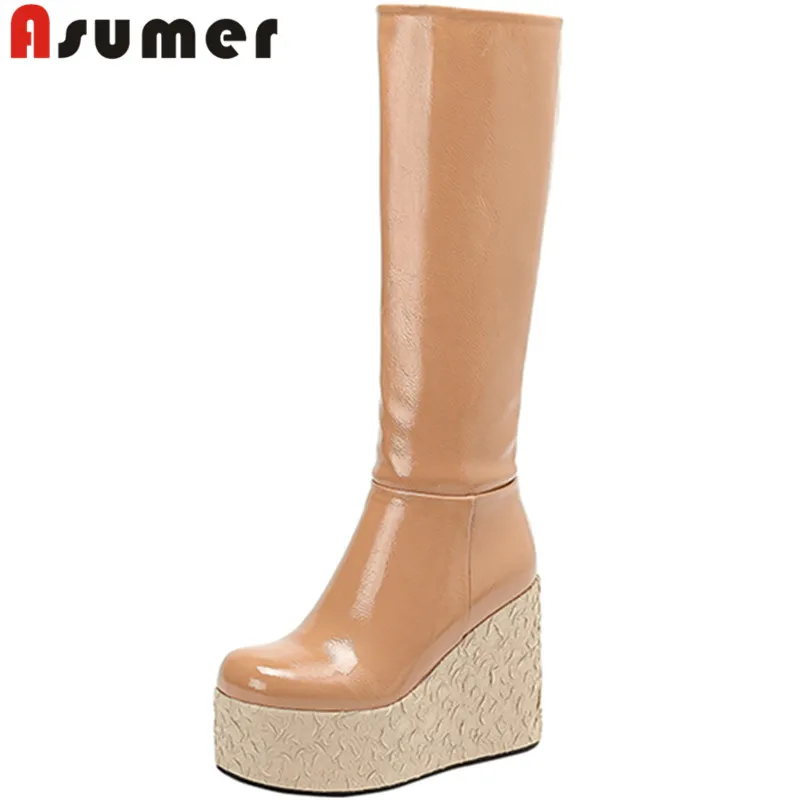 

ASUMER 2022 Size 34-43 New Wedges High Heels Ladies Fashion Boots Microfiber Popular Women Boots Spring Knee High Boots