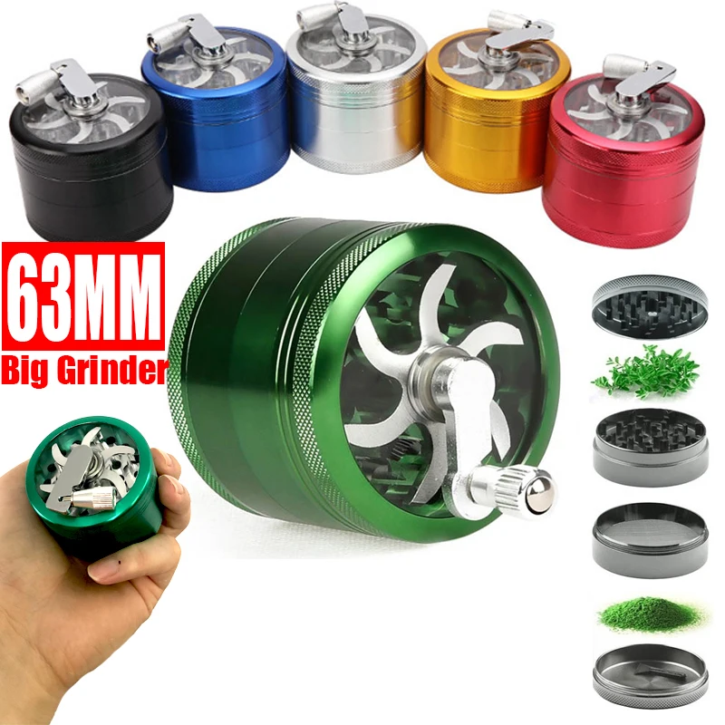 For 63MM 4-layer Zinc Alloy Tobacco Grinder Manual Herbal Herb Mill Spice Crusher Smoke Grinder Hand Crank Muller Accessories