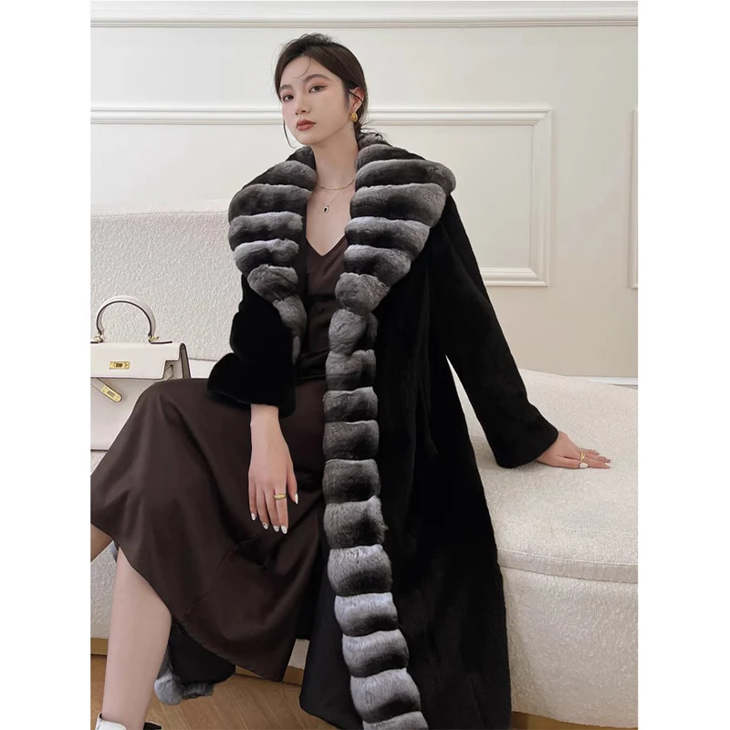 Women's velvet mink coat long winter warm trench shawl fur coat whole mink