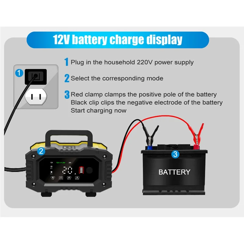 AB02 10A High Power Portable Car Motorcycle Battery Charger 12V24V For Battery Charging UK Plug
