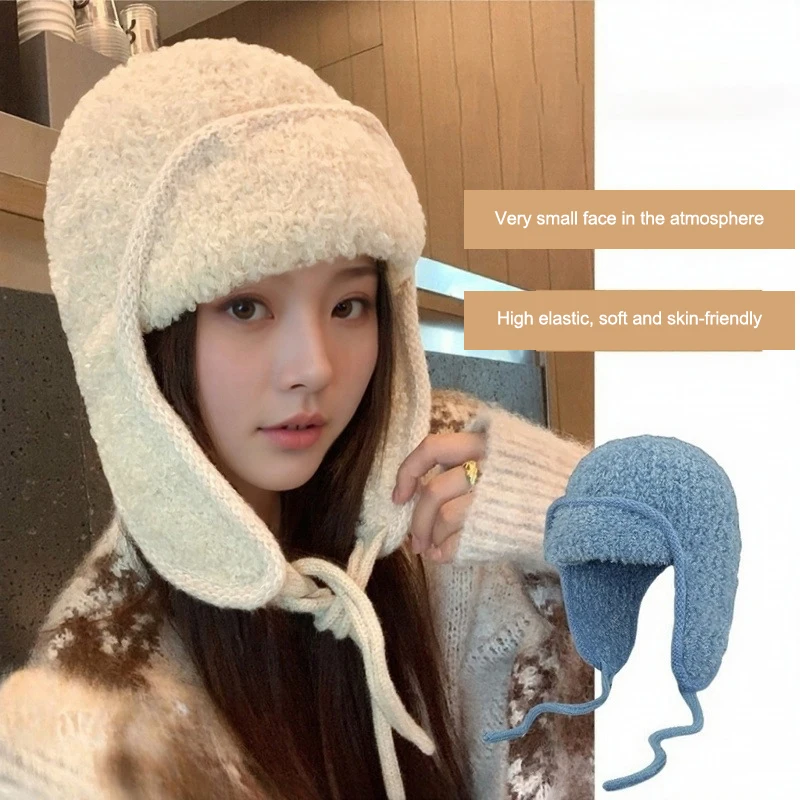 قبعات نسائية من الصوف الدافئ للخريف والشتاء، قبعات صوفية محبوكة مع حماية للأذن، مصنوعة لمقاسات الرأس الكبيرة