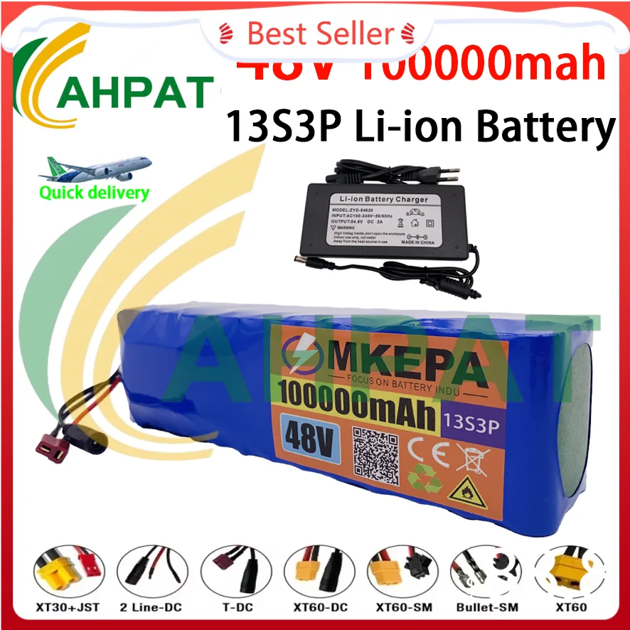 

2025Air transport New48V100Ah 1000w 13S3P 48V Lithium ion Battery Pack 100000mah For 54.6v with BMS+charger,AHPAT