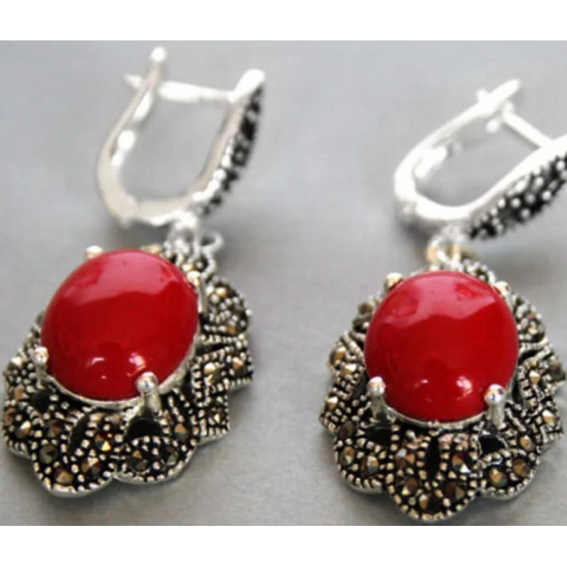 

amazing 11/2inch;; Vintage 925 Silver Marcasite Red Coral Earrings