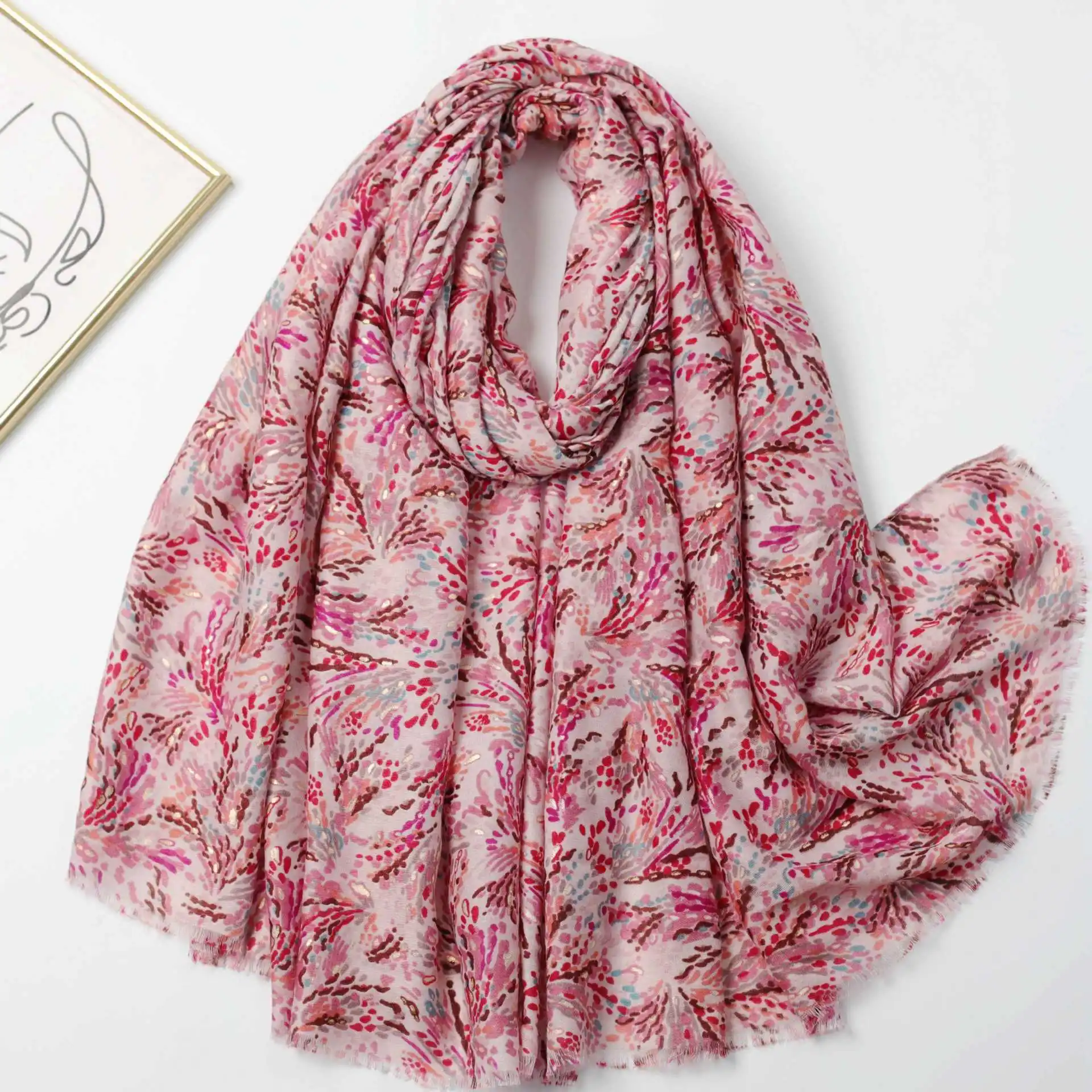 2024 Winter Cotton Small Flower Pattern Gold Foil Fringe Scarf Shawls Long Women Head Scarves Hijab Wrap 6 Color