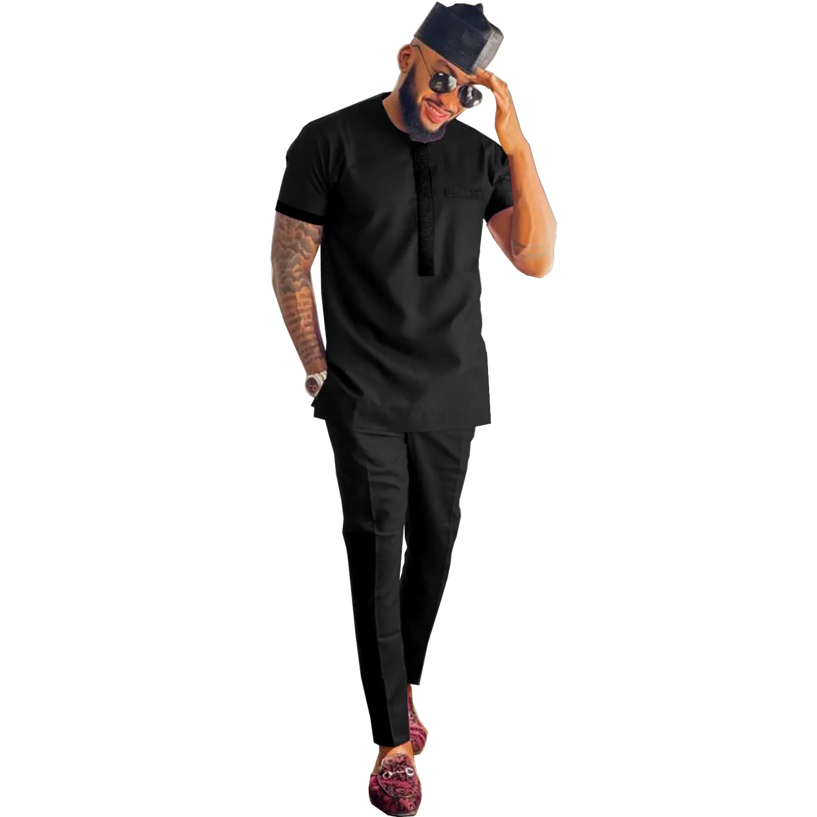 Men's African Dashiki Suit Splice Velvet Clothing Short Sleeve Shirt And Pant 2 Piece Set Traditional Fashion Attire