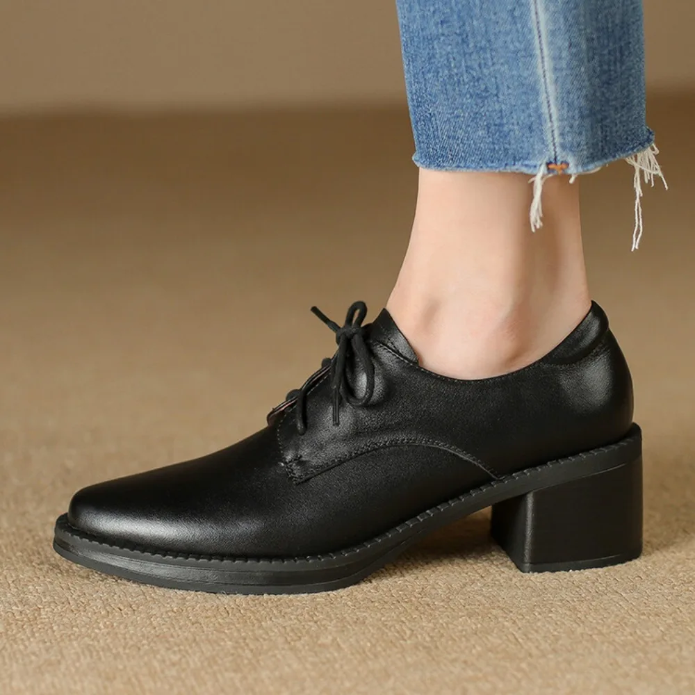 Women's Pumps Brogue Shoe Vintage Chunky Heel Pointed Toe Oxford Shoes Woman Lace Up Female Fashion Elegant Ladies Bare Boots image 4