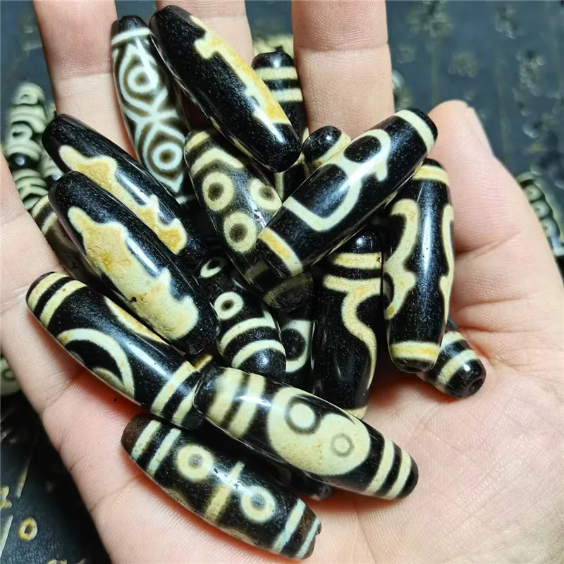 

High Quality 50 Pcs/Lots Wholesales 12mm*38mm Different Patterns Magic Natural Agate Stone Tibetan Dzi Beads DIY Fine Jewelry