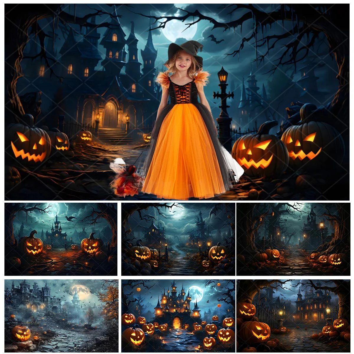 

Хэллоуин тематическая вечеринка фон замок ужасов страшная луна ночь тыква огни детский портретный фон для фотосъемки фотостудия