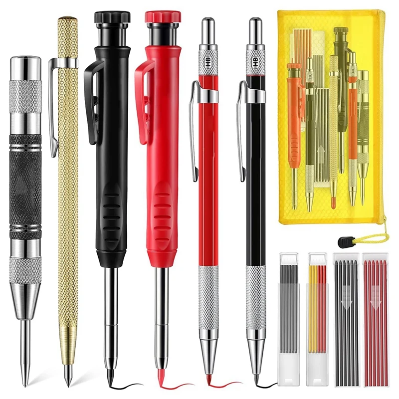 مجموعة قلم نجار مع إعادة تعبئة براية ، مثقاب مركزي أوتوماتيكي ، 4 أقلام رصاص صلبة ملونة