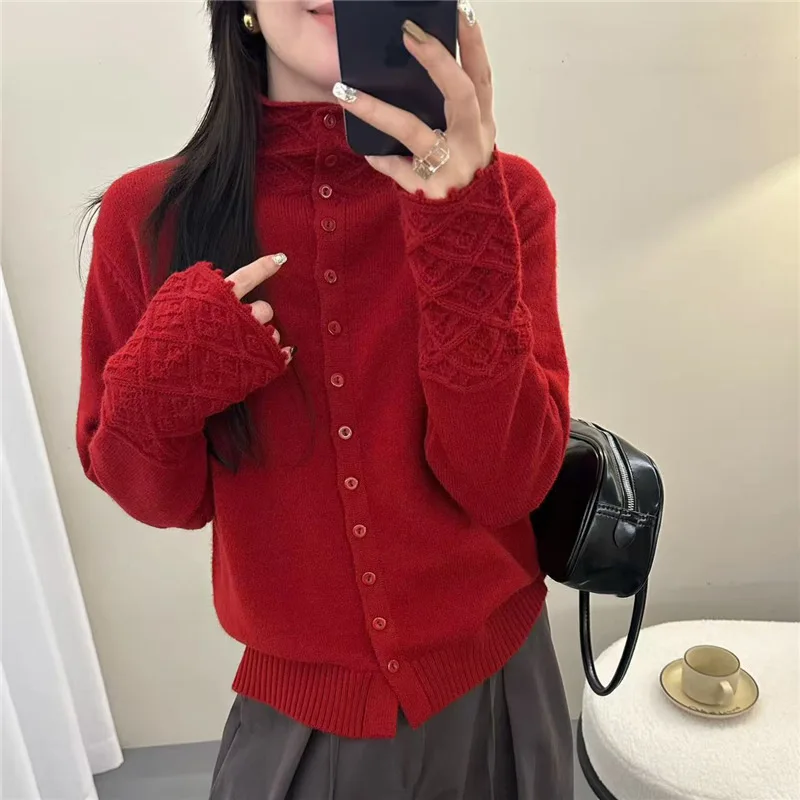 

Half High Neck Sweater Cardigan Women's Single Breasted Autumn and Winter New Style Western-style Top Knitted Sweater Jacket