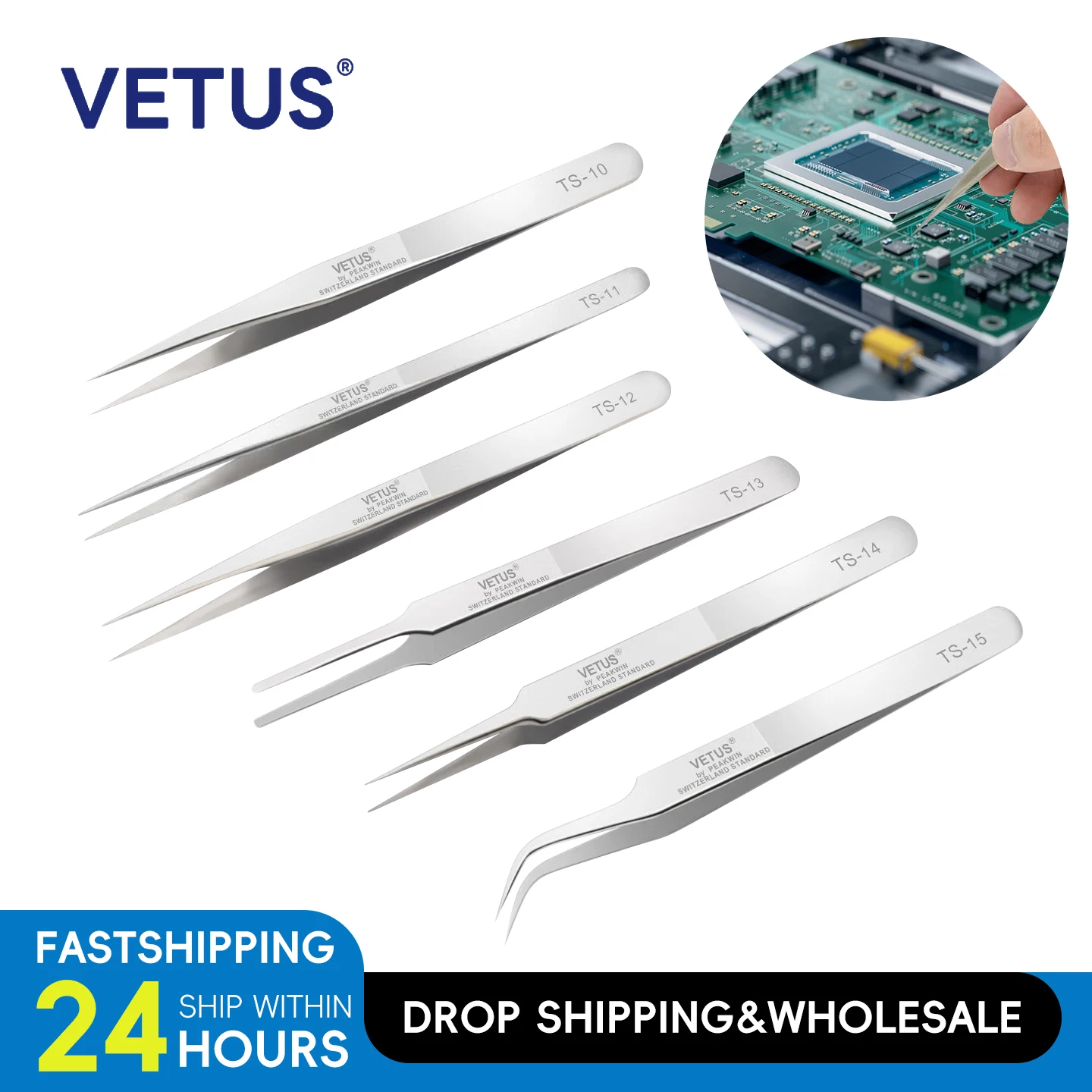 VETUS TS Series Tweezers Stainless Steel Precision Electronics Soldering Repair Assembly Tool Economic Durable