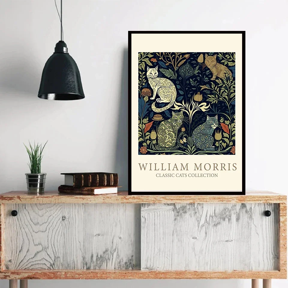 William Morris Cats Poster Black and Greene Printing Decorative Canvas Painting Living Room Bedroom Animals Wall Art Home Decor