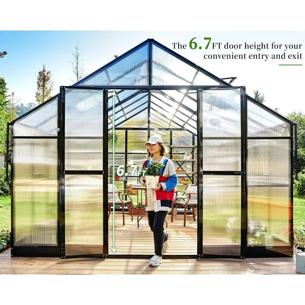 12x13.5x9 FT Polycarbonate Greenhouse - Aluminum Greenhouse with Quick Connect Fittings, 6.7 FT Height Double Doors, Greenhouse