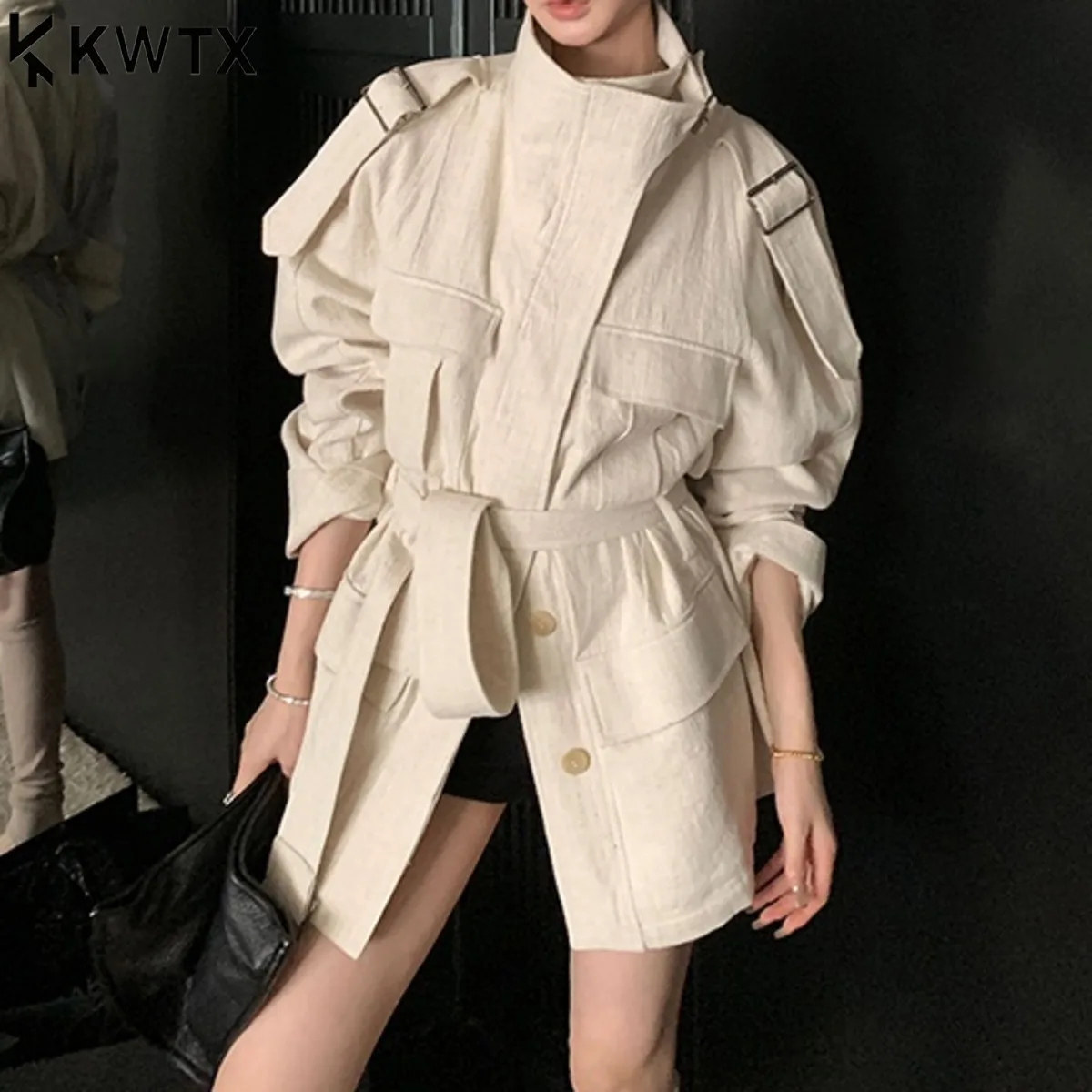 

KWTX Women's Designer Vintage Jacket Spring Autumn Casual Stand Collar Belted Hidden Button Pockets Trendy High Quality New 2025
