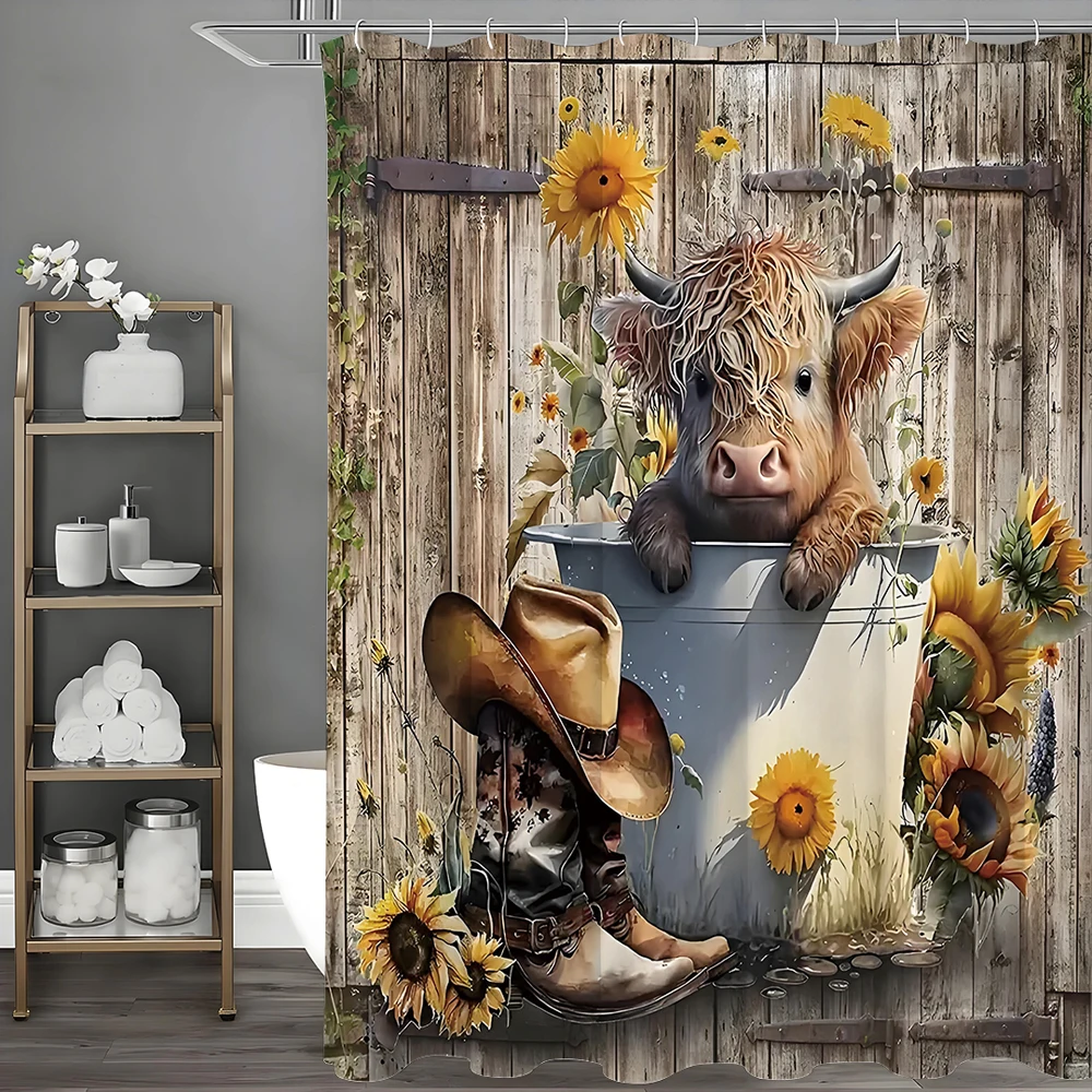 

Душевая штора с изображением высокогорной коровы и подсолнухов, декоративная шторка для ванной, водонепроницаемая шторка для душа с крючками