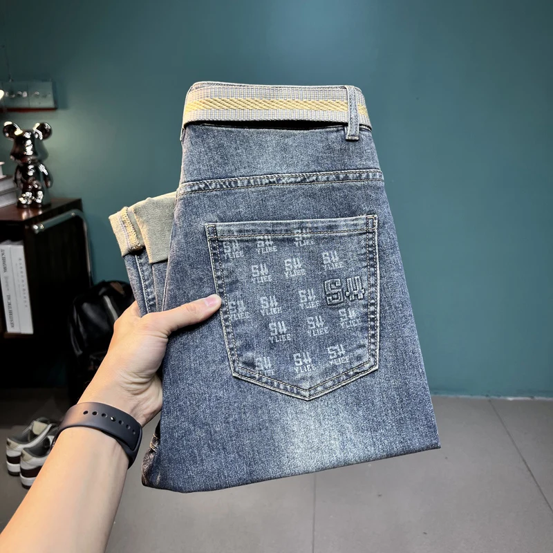 2024 Spring and Summer New Printed Personality Jeans Men's Stretch Slim Fit Fashionable Breathable Soft Comfortable Long Pants