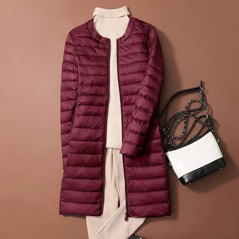 2024 New Autumn Winter Ultralight Women Long Duck Down Coats Korean Style O-Neck Feather Lining Collarless Puffer Outwear