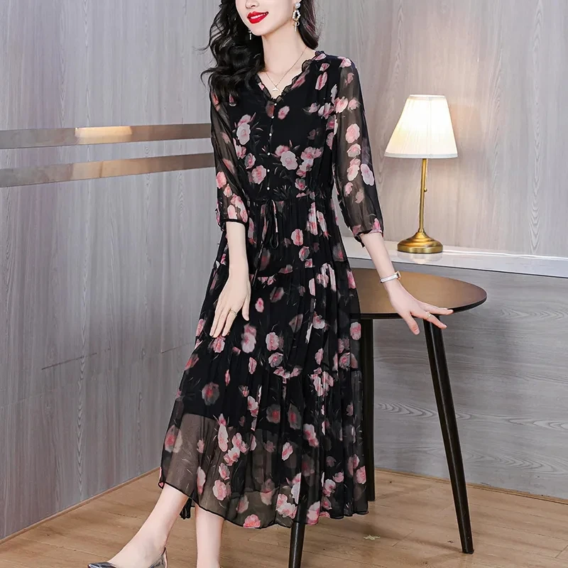 

Elegant Dress Mesh Long Sleeved Floral Silk Chiffon A-Line Dress For Women's Autumn New Long French Dress For Mothers Print Dres